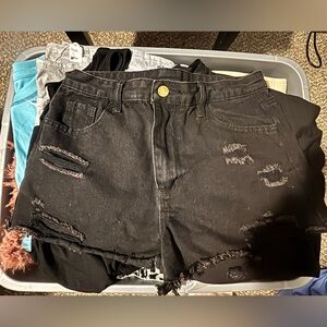 Distressed Black Denim Shorts